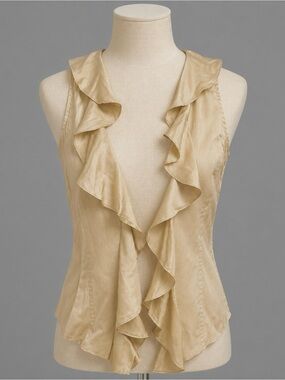 Cache Beige Open Front Ruffle Accent Draping Vest Top